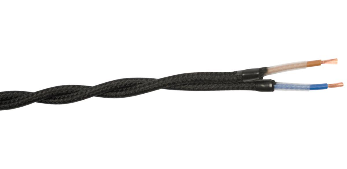SKK (H03VV-H), Lampsladd, rund, textil, tvinnad - TEXTILKABEL 2X0.75 SKK SVART TVINNAD BOBIN 25M