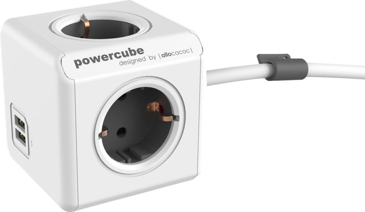 Grenuttag, kub, kombi, jordat + USB A, PowerCube Extended - GRENUTTAG POWERCUBE 1.5M 4-V SCHUKO + 2 USB + KABEL O FÄSTE