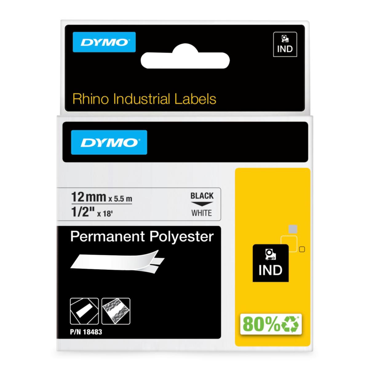 Polyestertejp Dymo Rhino IND Permanent - MÄRKTEJP DYMO IND 12 MM X 5,5M PERM. POLYESTER SVART PÅ VIT