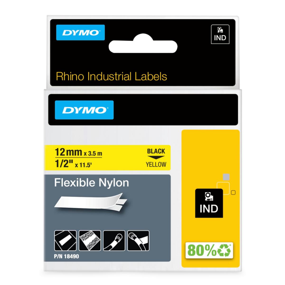 Nylontejp Dymo Rhino IND Flexibel - MÄRKTEJP DYMO IND 12 MM X 3,5M FLEXIBEL NYLON SVART PÅ GUL