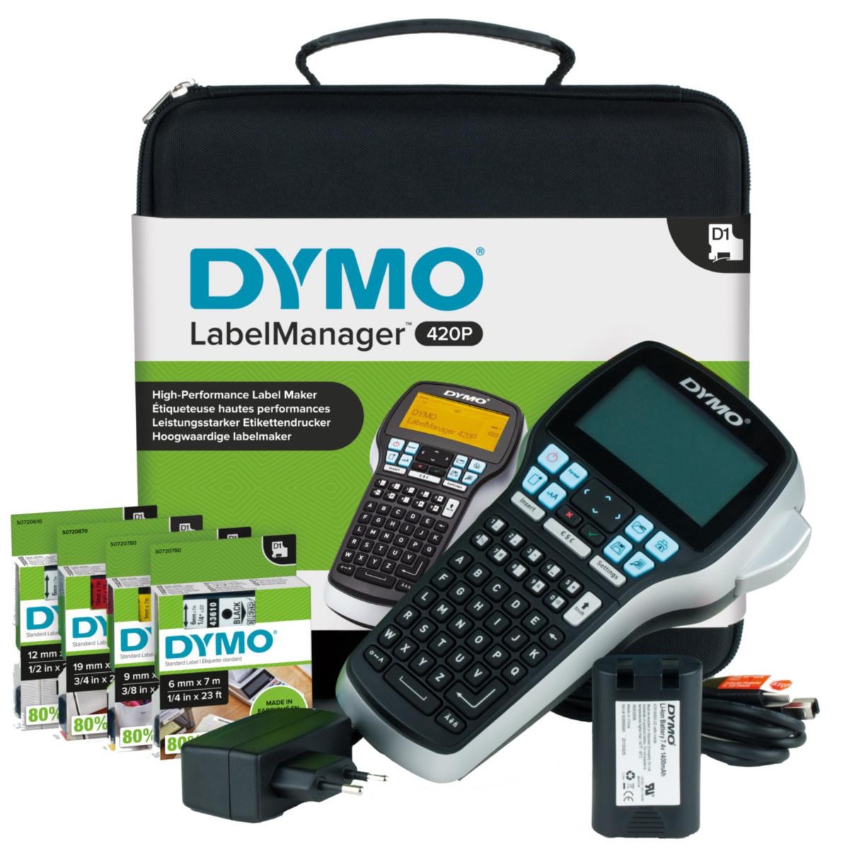 Märkmaskin Dymo LabelManager 420P Kit - MÄRKMASKIN DYMO LM420P KIT LADDARE BATTERI 4 TEJPER VÄSKA