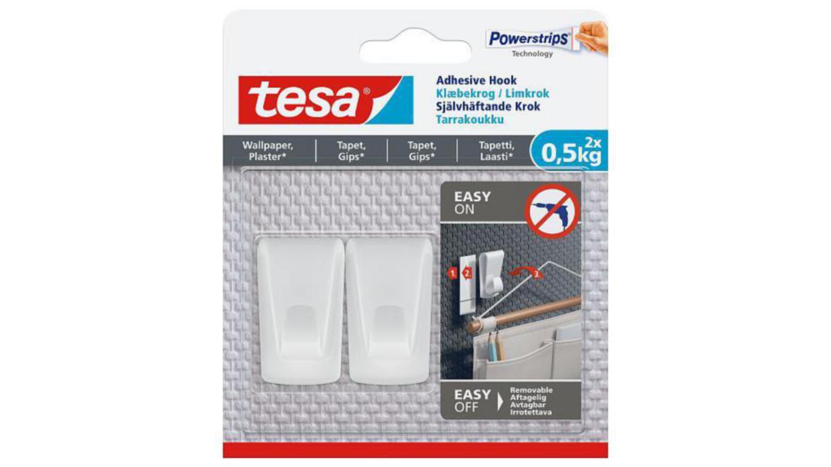 Självhäftande krok, tapet/gips, Tesa - SJÄLVHÄFTANDE KROK, VIT TAPET O GIPS 0,5KG TESA