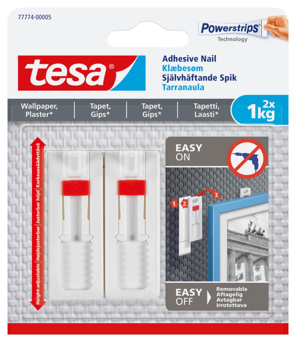 Självhäftande spik, justerbar, tapet/gips, Tesa - SJÄLVHÄFTANDE SPIK 2 ST HÅLLER 1KG/SPIK JUSTERBAR TESA
