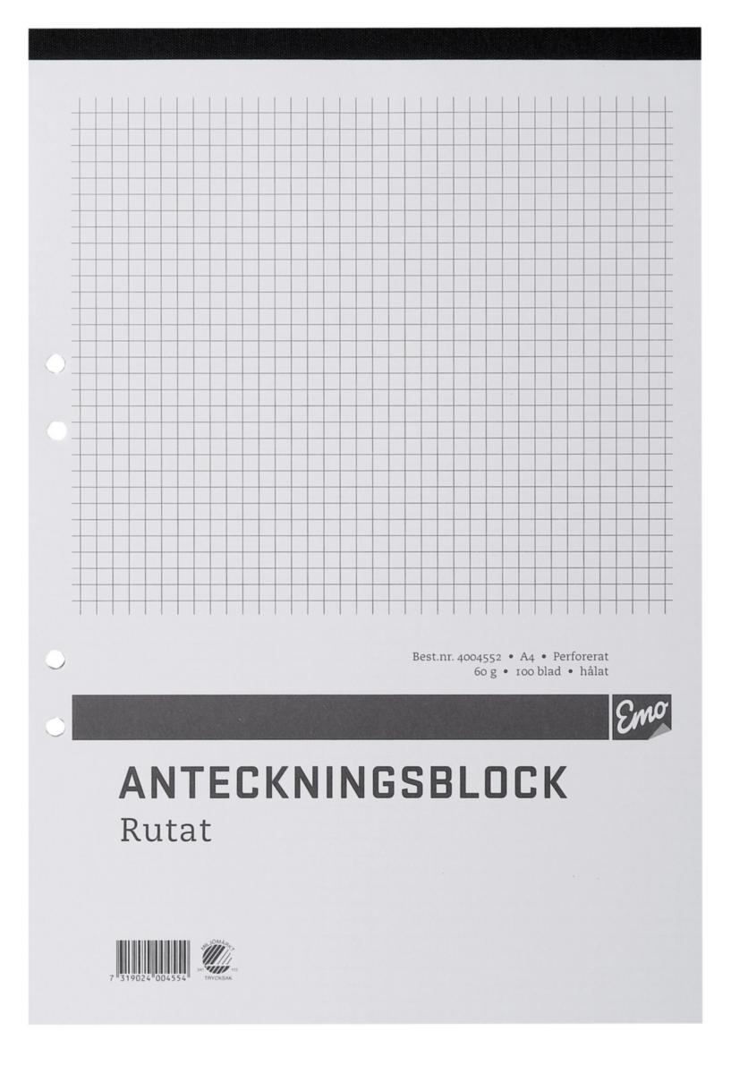 Anteckningblock A4 Rutat - ANTECKNINGSBLOCK A4 100 BL R 60 G PERFORERAT