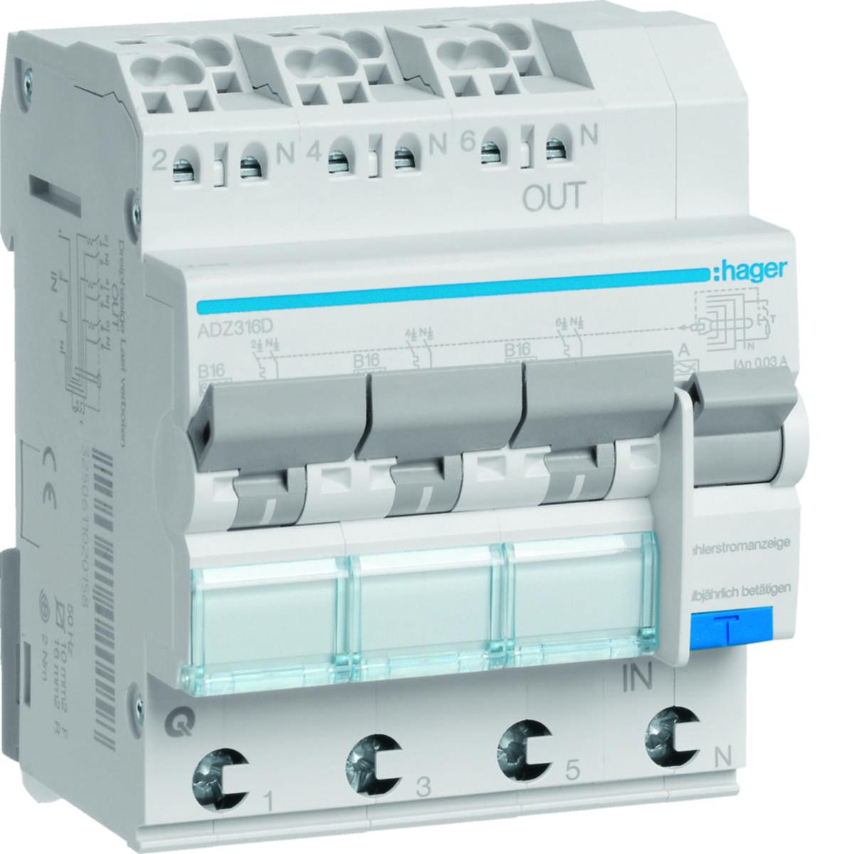 Personskyddsautomat ADZ, Karakteristik B, 6kA - PSA 3 - 3X1P+N 6KA B-16A 30MA ADZ316D