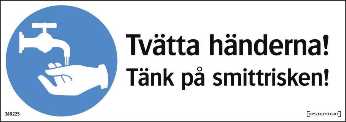 Påbudsdekal virusskydd - TVÄTTA HÄNDERNA TÄNK PÅ SMITTORISKEN 210X74 MM DEKAL