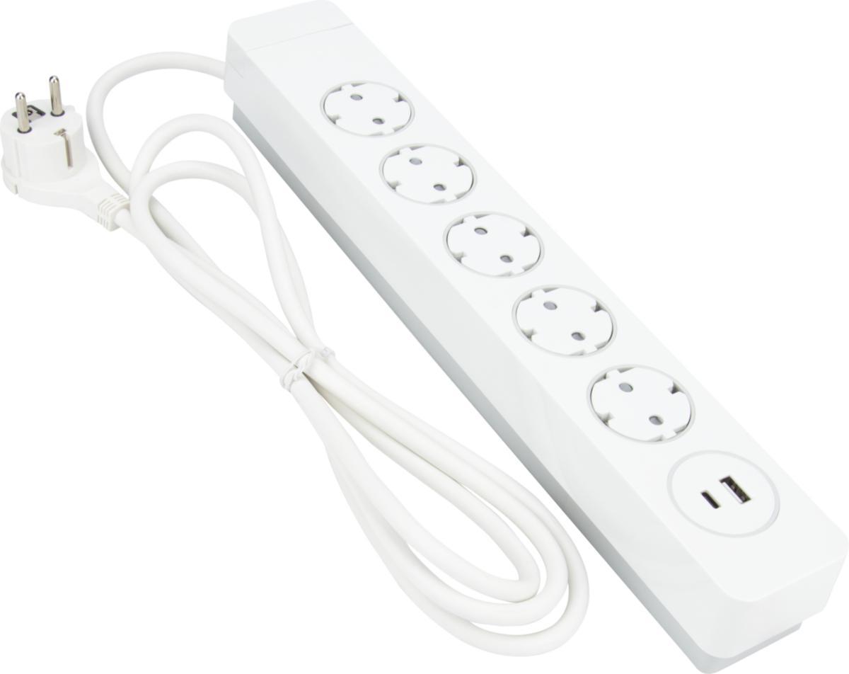 Grenuttag Pure Push, kombi, jordat + USB A + USB C, med brytare - GRENUTTAG 5+1+1 KOMB 2M VIT PURE PUSH 5JORD+1USB A+1USB C