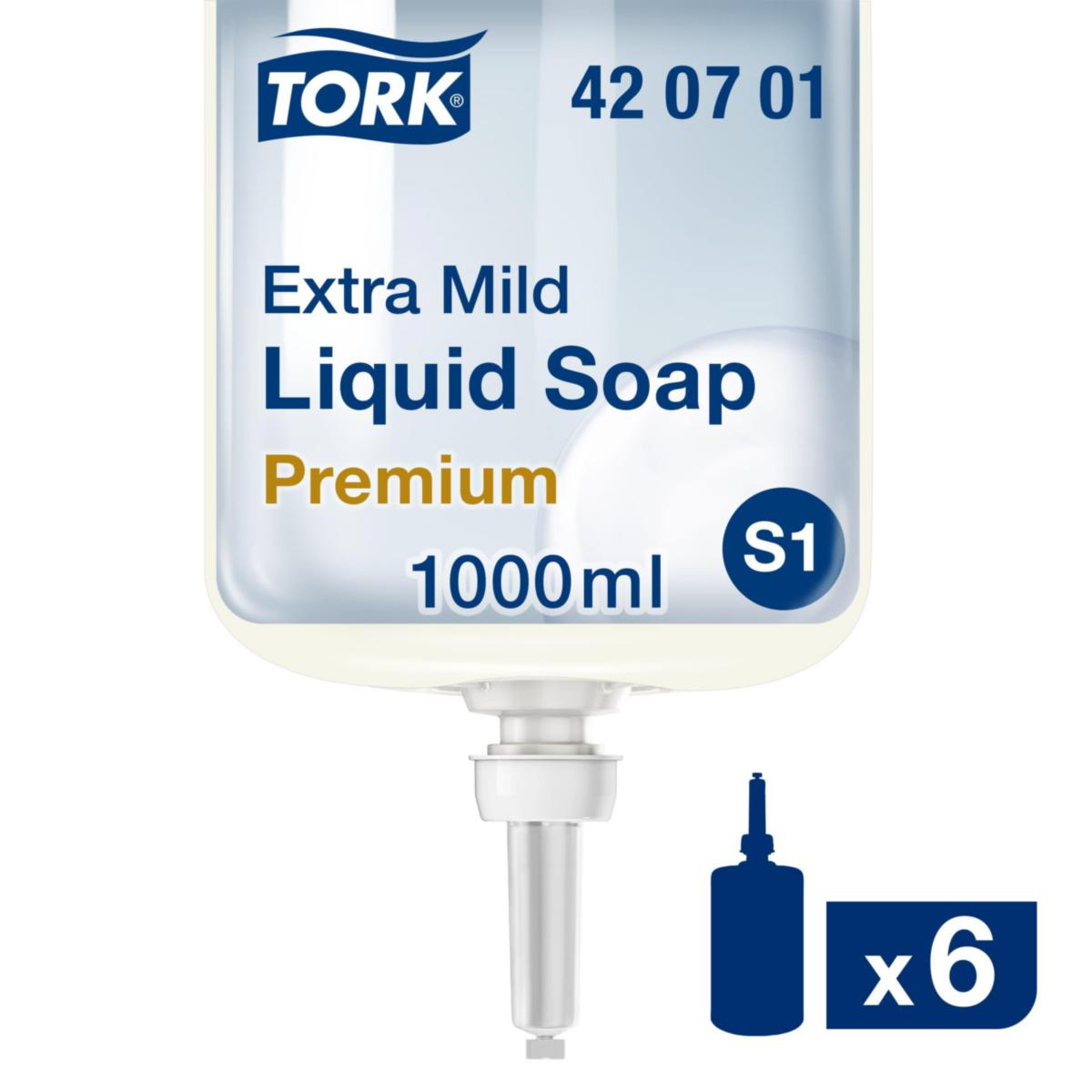 Tvål, flytande, Tork Extra Mild, S1 - TVÅL TORK PREMIUM EXTRA MILD S1 1 LITER VIT OPARFYM 420701