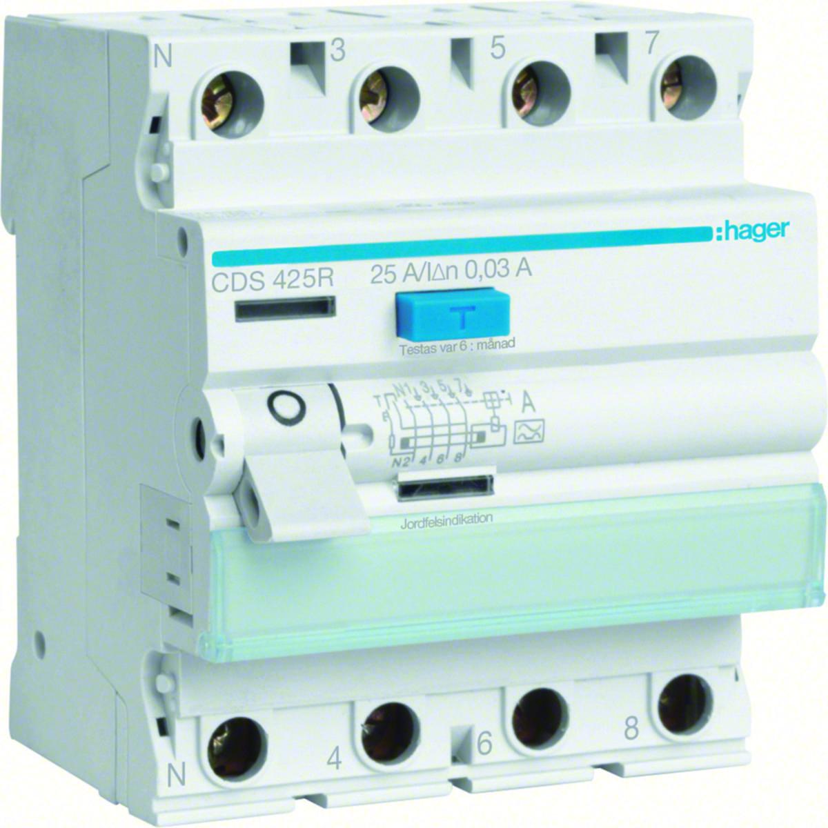 Jordfelsbrytare 4-pol typ A, Quick Connect, Hager - JORDFELSBRYTARE QC 4POL 25A 30MA TYP A HAGER CDS425R