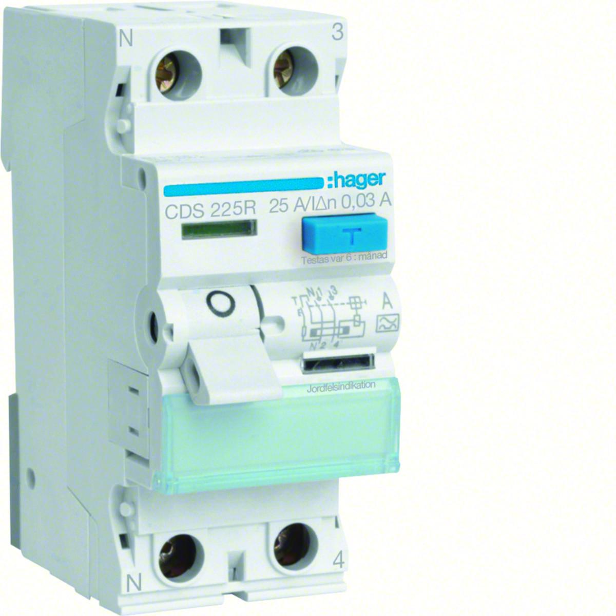 Jordfelsbrytare 2-pol typ A, Quick Connect, Hager - JORDFELSBRYTARE QC 2POL 25A 30MA TYP A HAGER CDS225R