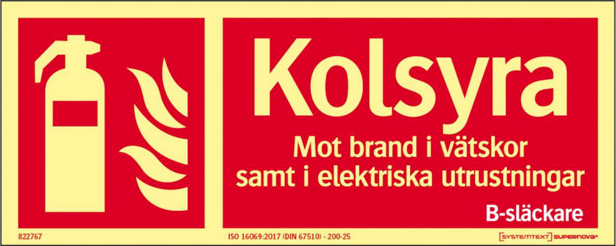 Färgefterlysande "Brandskyltar ISO" Supernova® - SKYLT KOLSYRESLÄCKARE SYSTMTXT ISO ALUMINIUM 250X100MM