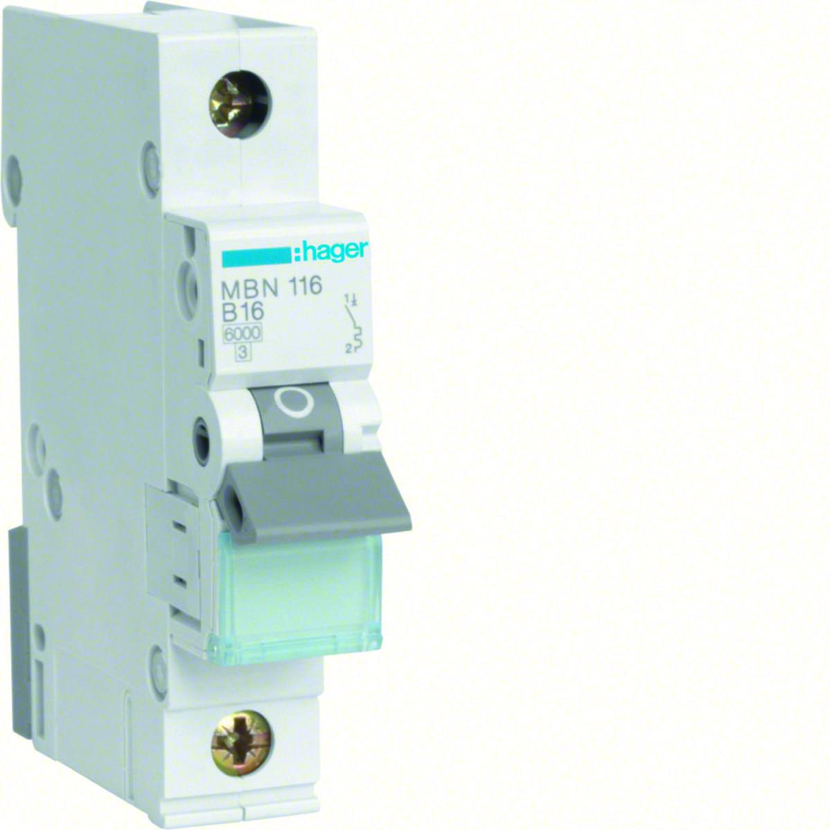 Minibrytare 1 pol typ B, MBN1, 6kA, Hager - MINIBRYTARE 1-POL 6KA B-16A HAGER MBN116