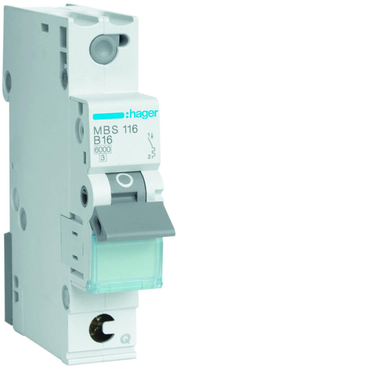 Minibrytare 1-pol typ B, MBS1, 6kA, Quick Connect, Hager - MINIBRYTARE QC 1-POL C-16A 6KA HAGER MBS116
