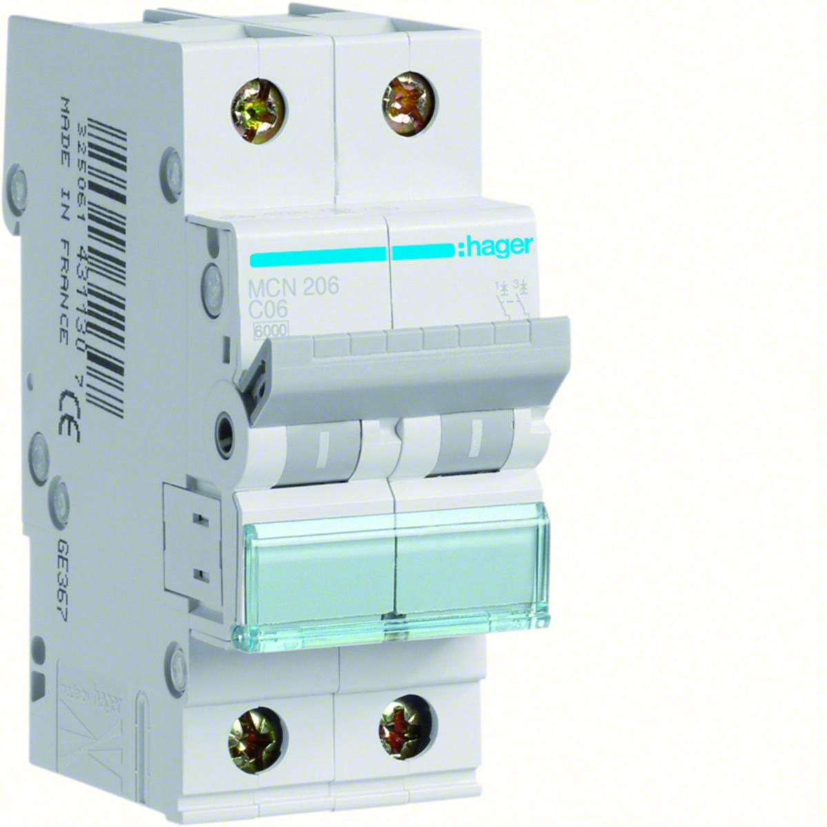 Minibrytare 2 pol typ C, MCN2, 6kA, Hager - MINIBRYTARE 2-POL 6KA C-6A HAGER MCN206