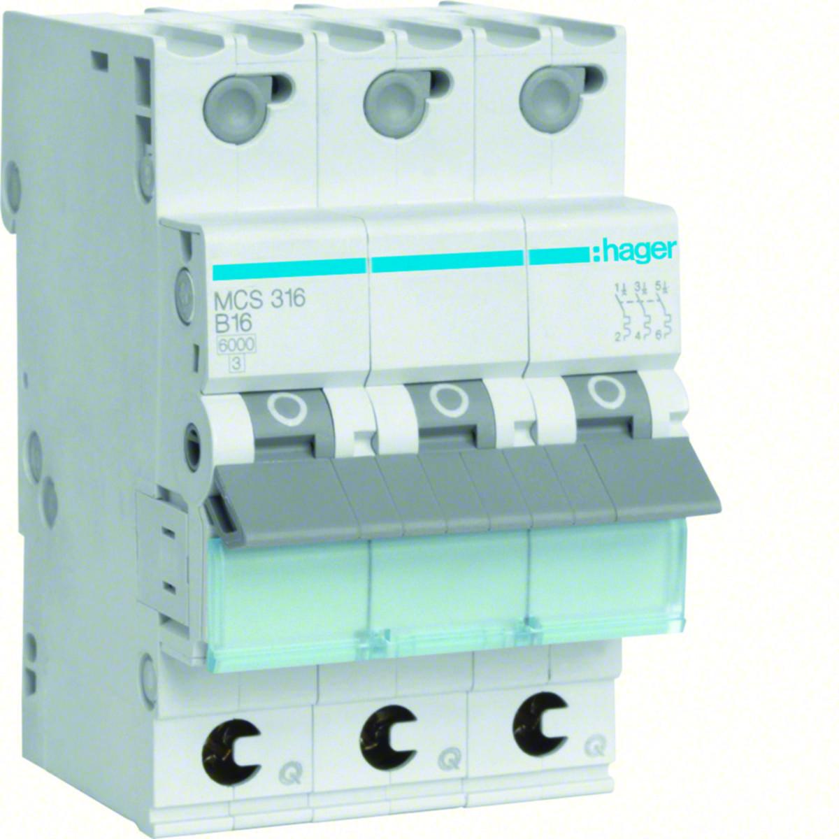Minibrytare 3-pol typ C, MCS3, 6kA, Quick Connect, Hager - MINIBRYTARE QC 3-POL C-16A 6KA HAGER MCS316