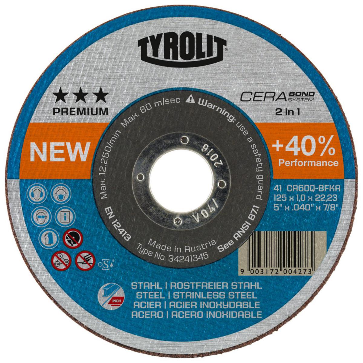 Kapskiva Tyrolit Premium Cerabond/Cerabond X 2in1 - KAPSKIVA TYROLIT PREMIUM 2IN1 150X1.3X22 CA60Q 41F CERABOND