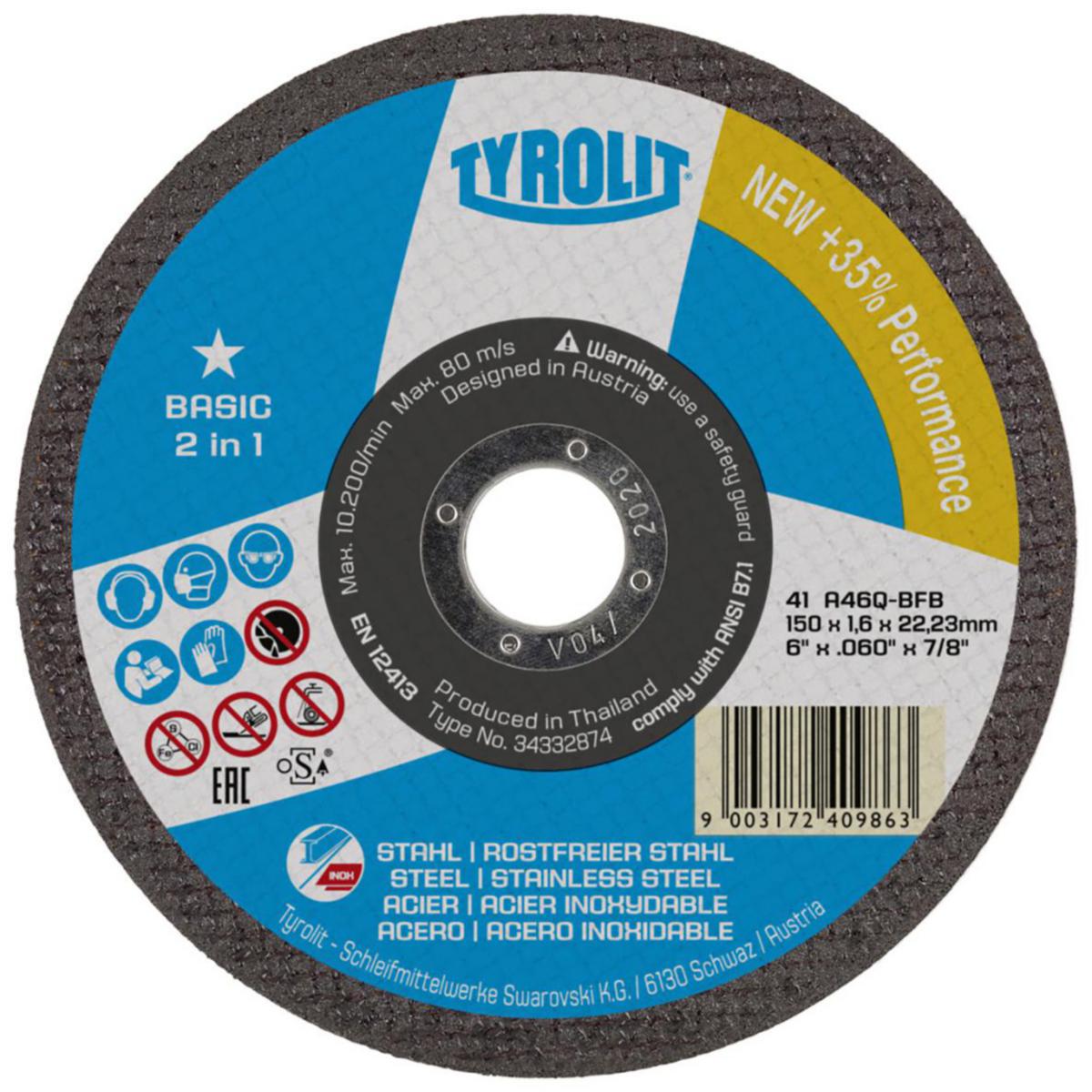 Kapskiva Tyrolit Basic Supertunn 2in1 - KAPSKIVA TYROLIT BASIC 2IN1 115X1.6X22.23 A46Q-BFB 41C