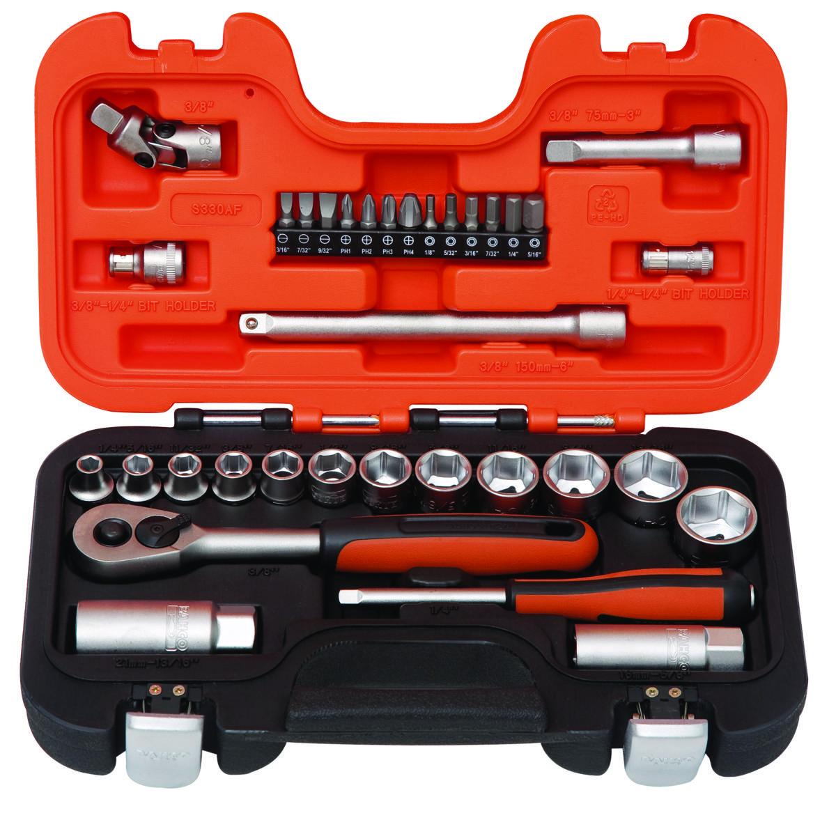 Hylsnyckelsats Bahco S330AF, 1/4", 3/8" 34 delar tum - HYLSNYCKELSATS BAHCO S330AF 1/4", 3/8" TUM