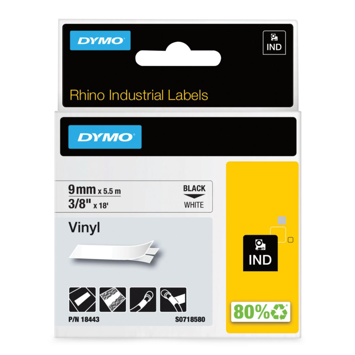 Vinyltejp Dymo Rhino IND - MÄRKTEJP DYMO IND 9 MM X 5,5M VINYL SVART PÅ VIT