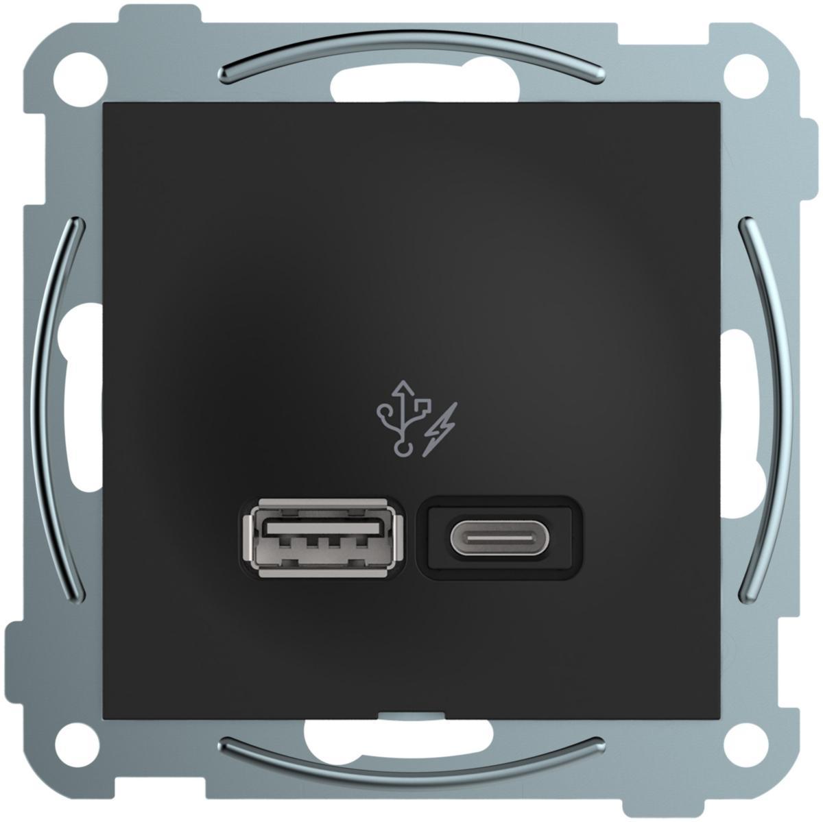 USB laddstation för vägg, infällt, typ A+C 45W, PD, Elko Plus - LADDUTTAG USB A+C 45W SVART ELKO PLUS