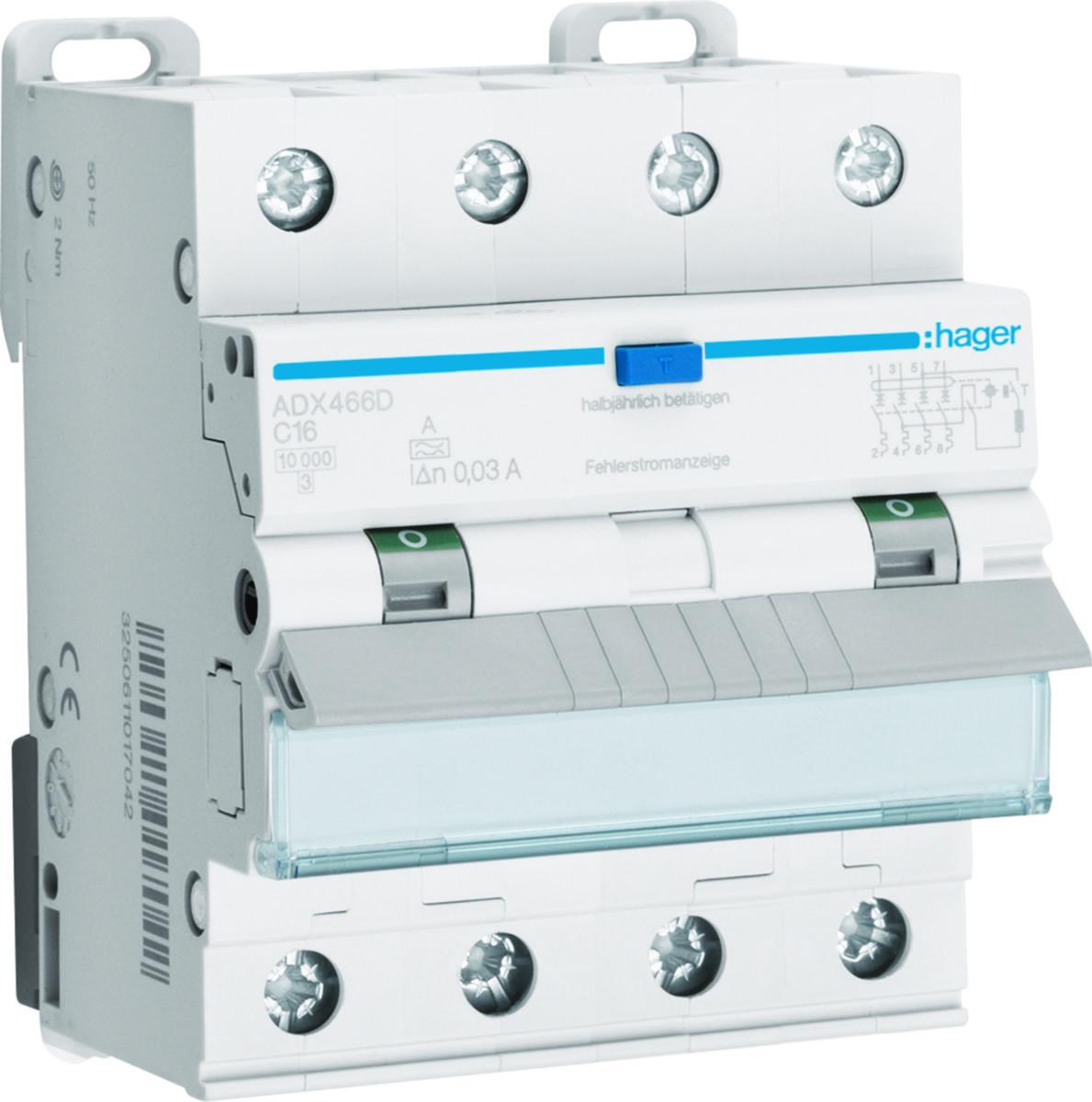 Personskyddsautomat 4-pol 30mA,10kA, C -Karakteristik typ A - PERSONSKBR 4P C16A 30MA A 10KA ADX466D