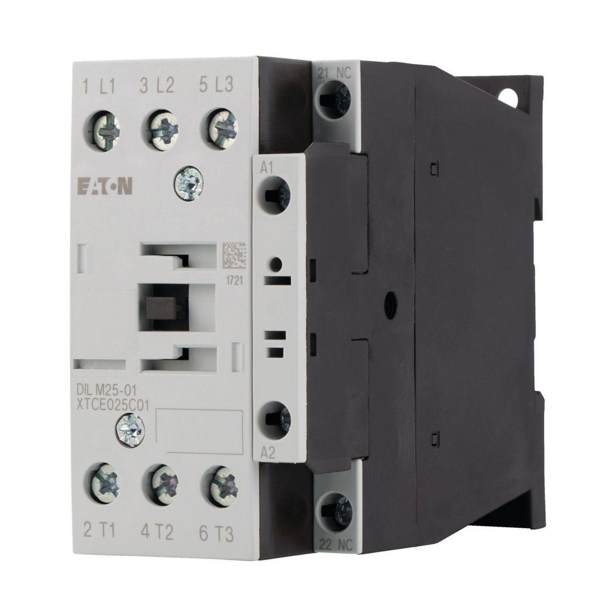 Kontaktor 3-polig 3-90 kW DILM7-DILM38, med inbyggd hjälpkontakt , Växelspänningsmanöver - KONTAKTOR 1NC,11KW 25A DILM25-01(230V50HZ,240V60HZ)