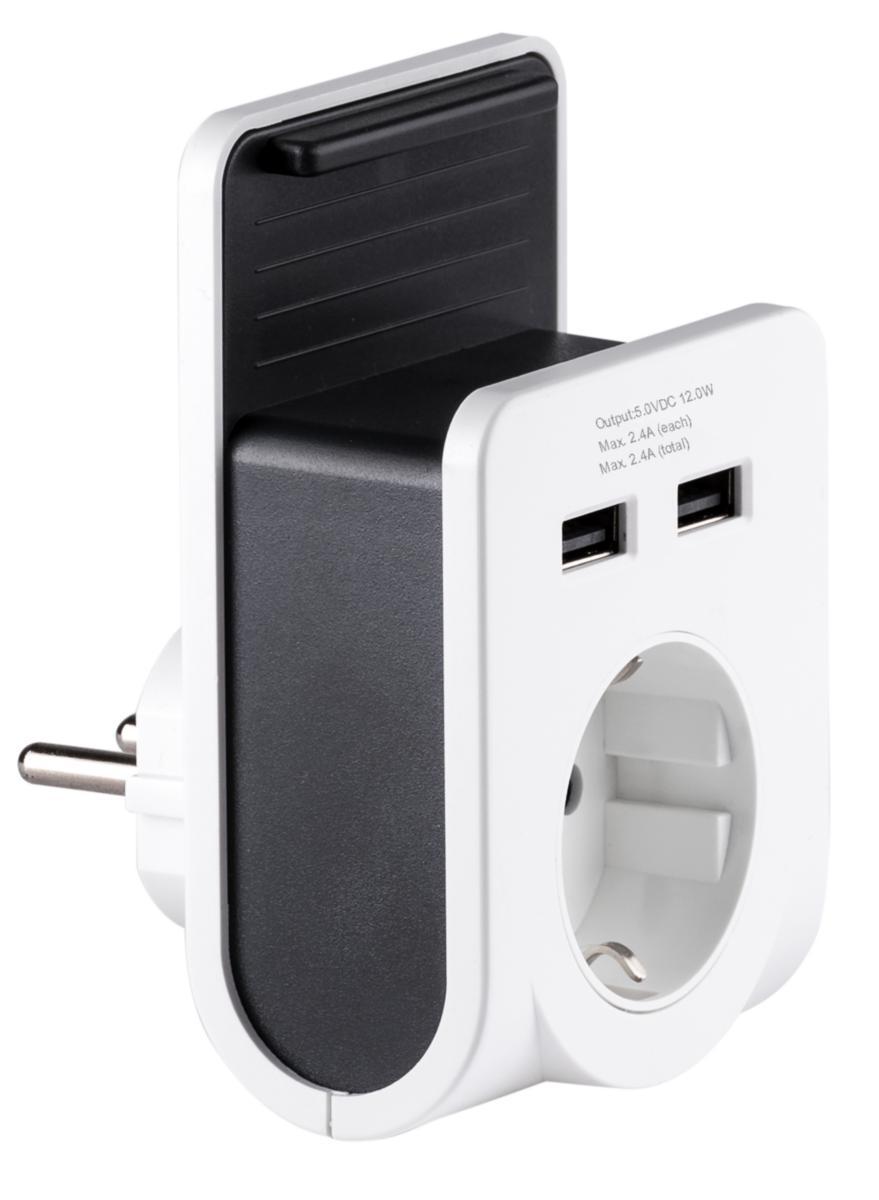 Laddare vägguttag 2 USB och 1 schuko, med hållare, Gelia - USB LADDARE 2-V INKL HÅLLARE