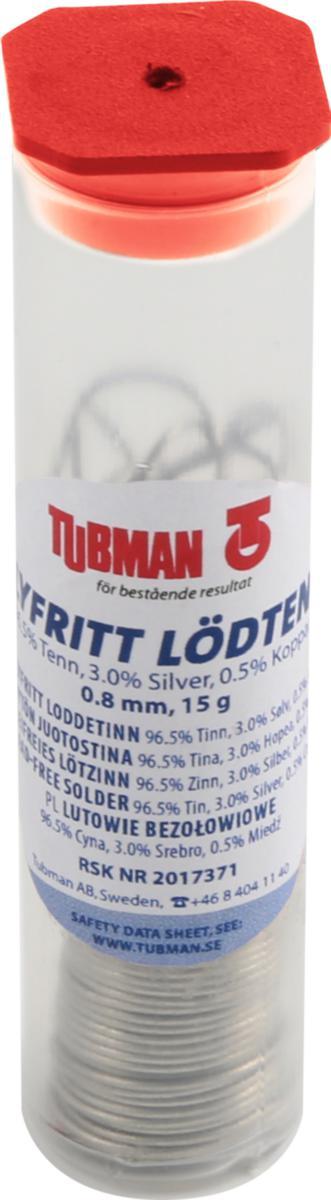 Lödtenn, blyfri, 15 g, Tubman - LÖDTENN BLYFRI 0.8MM 15GRAM 96.5 TENN 3.0 SILVER 0.5 KOPPA