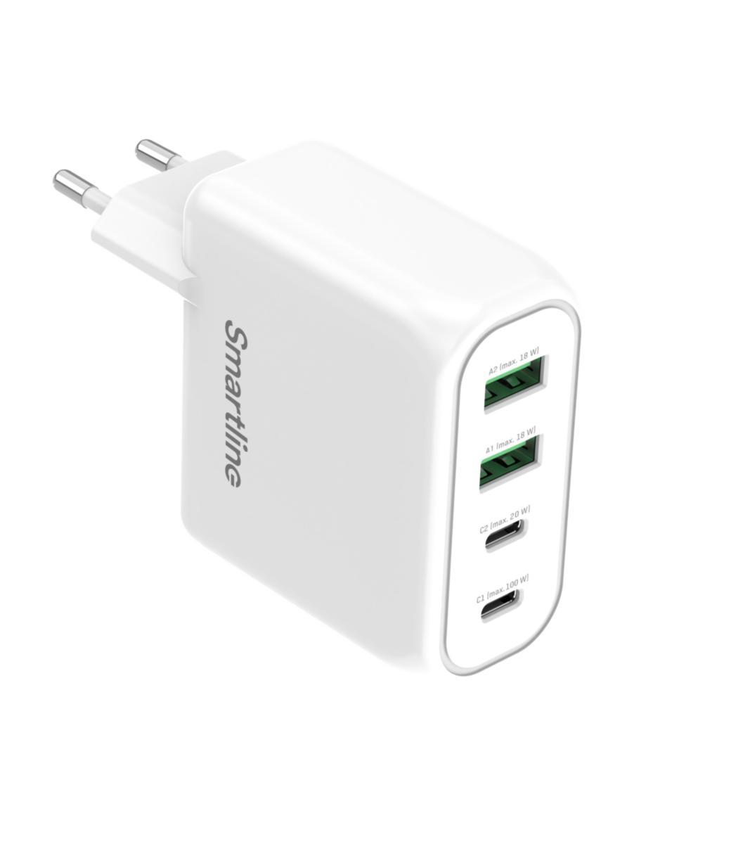 Väggladdare, 2xUSB-A + 2xUSB-C, PD - VÄGGLADDARE 2XUSB-C + 2XUSB-A PD 100 W VIT SMARTLINE
