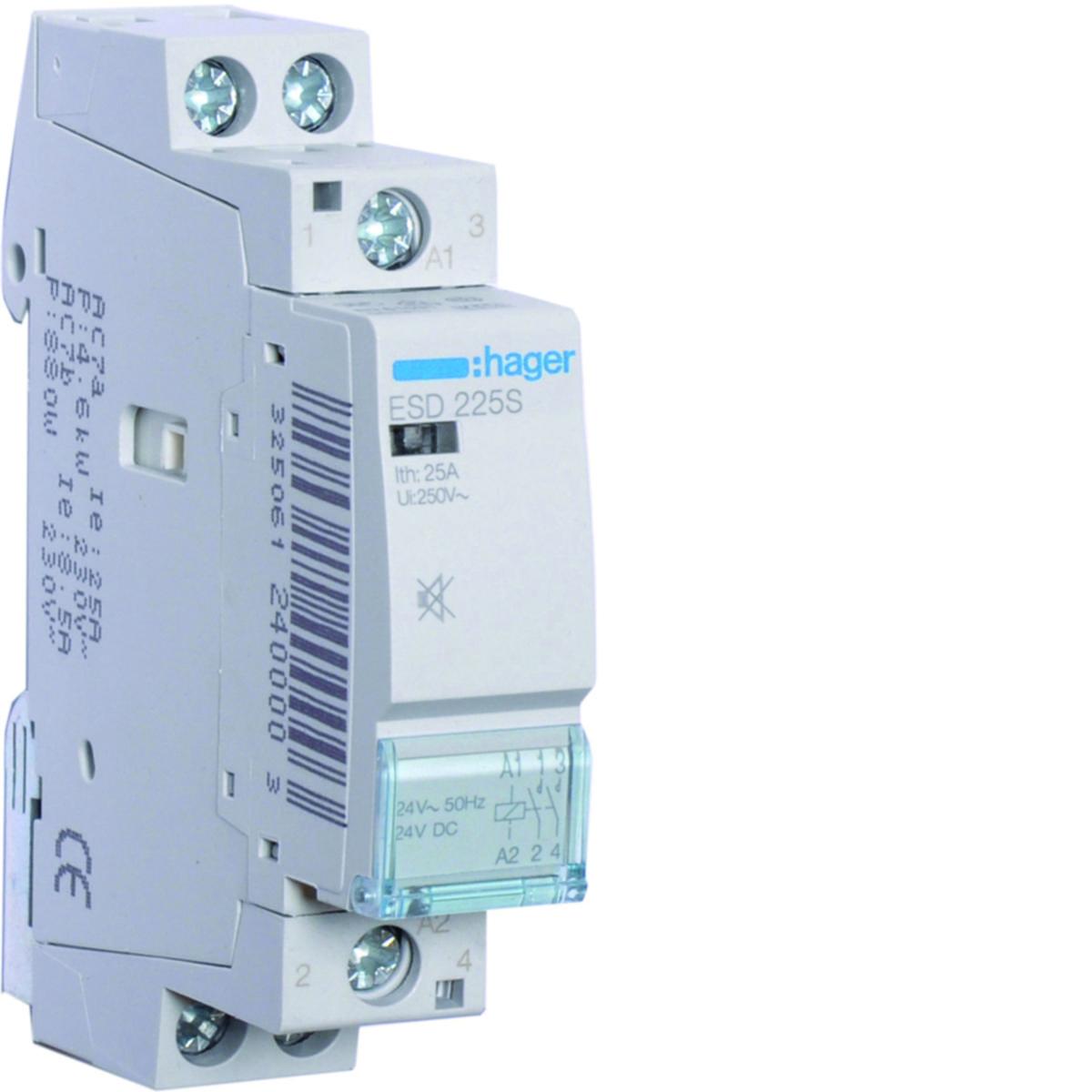Kontaktor, brumfri 1-modul ESC/ ESD, Hager - KONTAKTOR 2-POL 23VAC BRUMFRI 25A HAGER ESD225S
