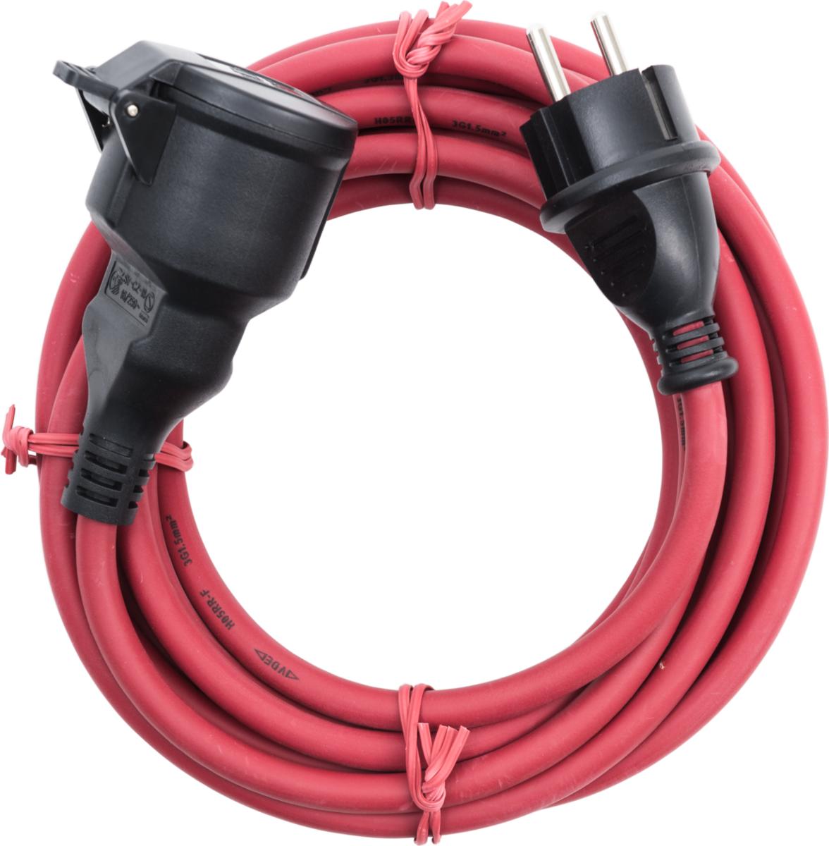 Skarvsladd H05RR-F, röd, 230 V, jordad med självstängande lock - SKARVSLADD GUMMI IP44 RÖD 25M 3G1.5 H05RR-F