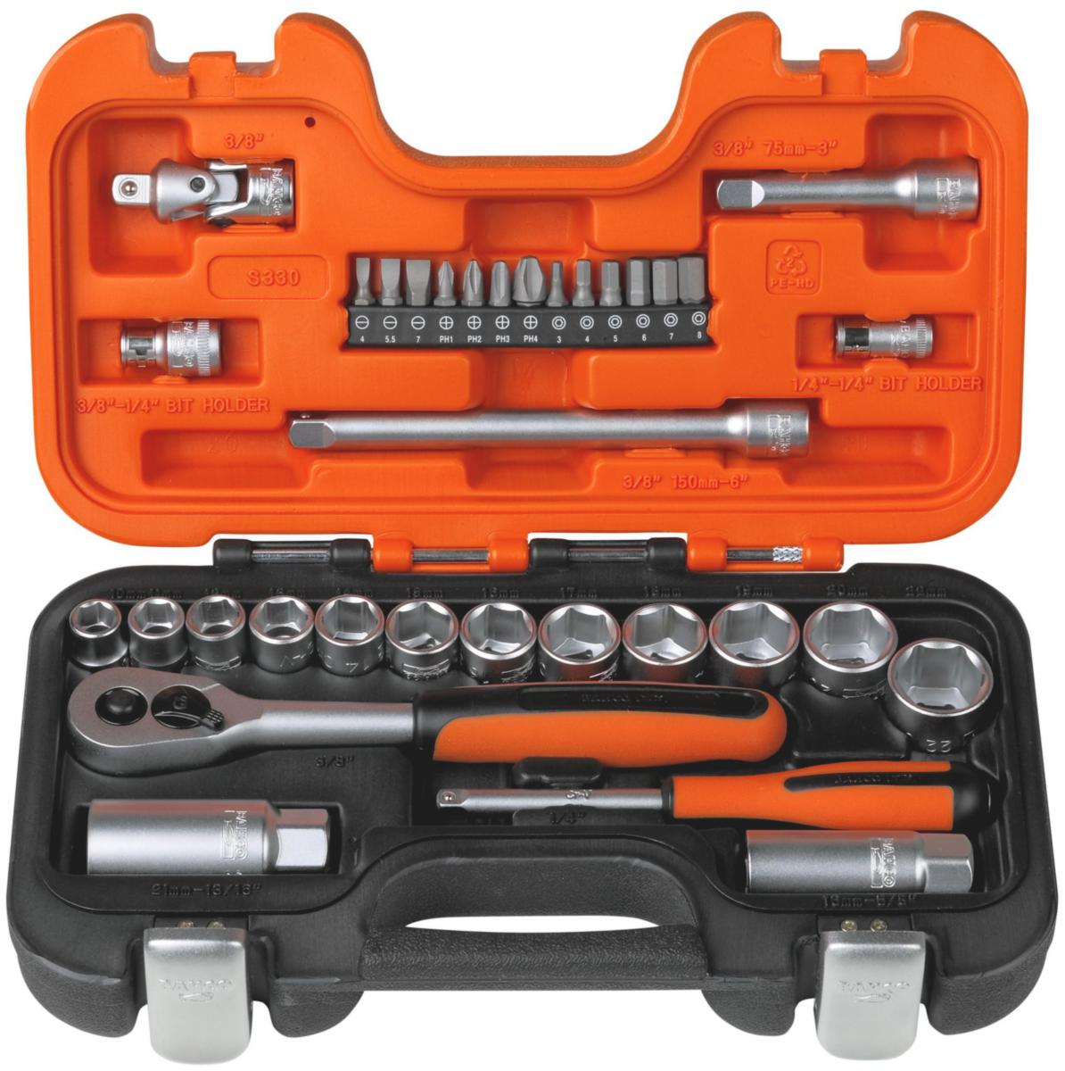 Hylsnyckelsats Bahco S330, 1/4", 3/8" 33 delar - HYLSNYCKELSATS BAHCO S330 1/4, 3/8 33DEL