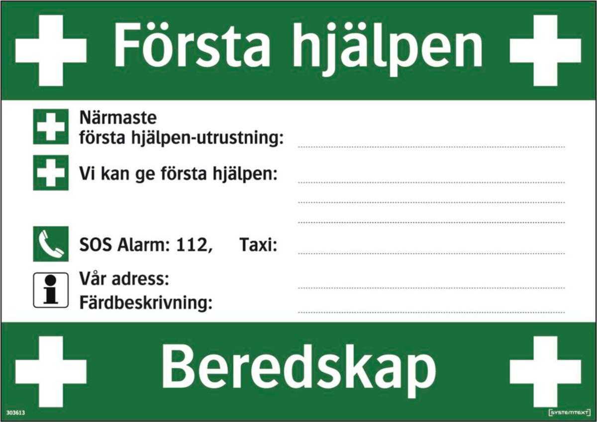 Nödskyltar "Första hjälpen" - SKYLT FÖRSTA HJÄLPEN BEREDSKAP SYSTEMTEXT HÅRDPLAST 420X297MM