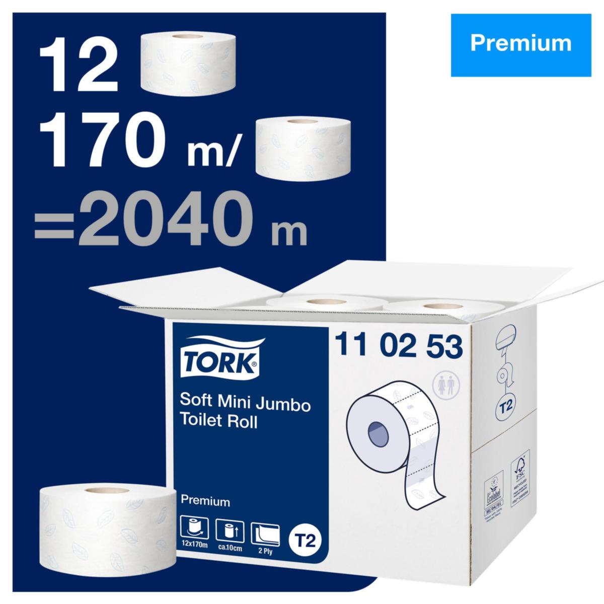 Toalettpapper Mini Jumbo T2, Tork - TOALETTPAPPER TORK PREMIUM MINI JUMBO T2 170M/RLE 110253