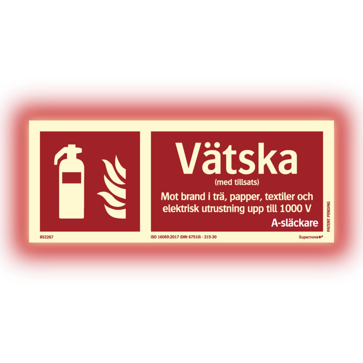 Färgefterlysande Skylt "Vätskesläckare" ISO Supernova+ - SKYLT "VÄTSKESLÄCKARE ISO" 250X100 MM ALU SUPERNOVA+®