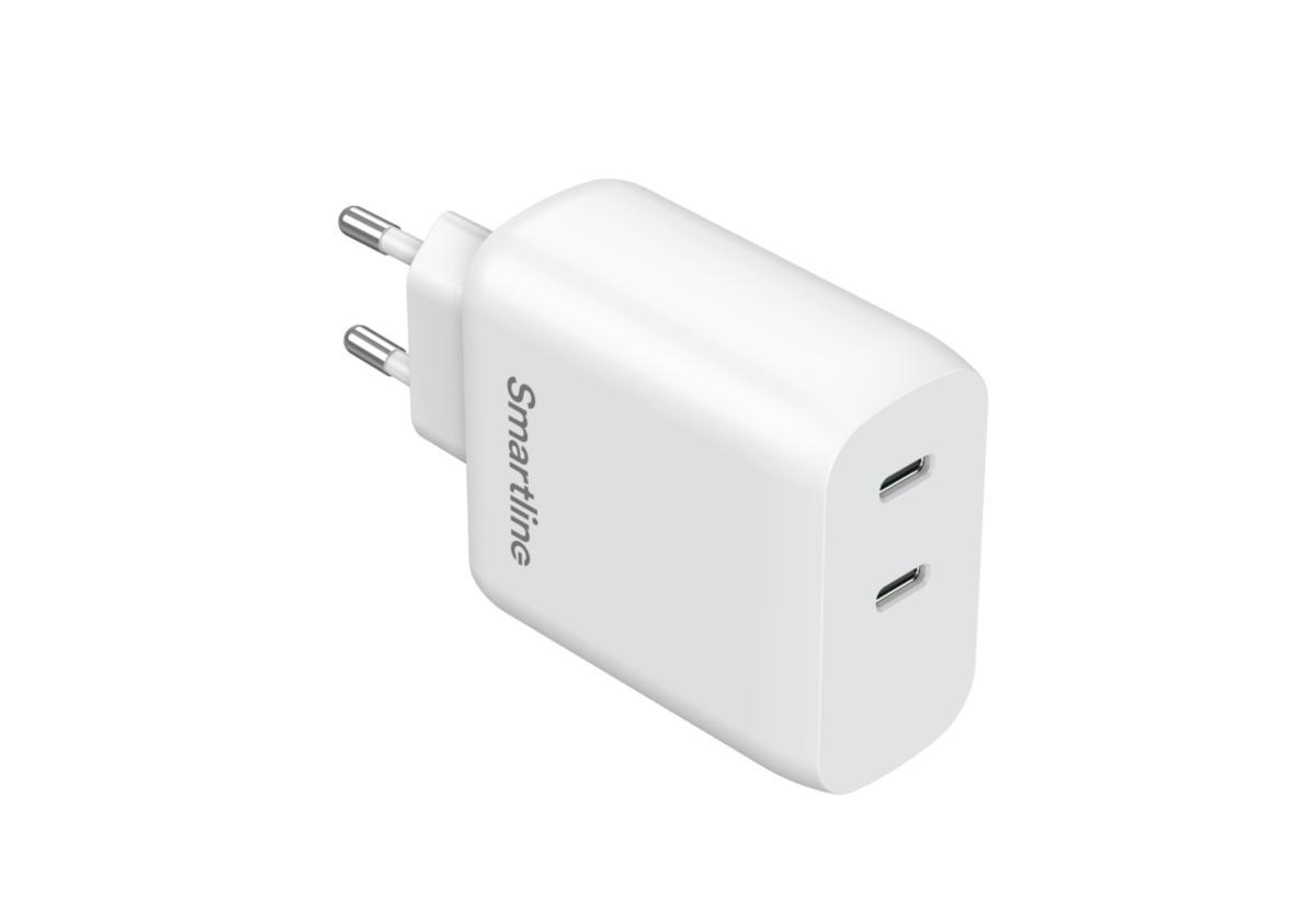 Väggladdare, 2xUSB-C, PD 35 W - VÄGGLADDARE 2XUSB-C PD 35 W VIT SMARTLINE