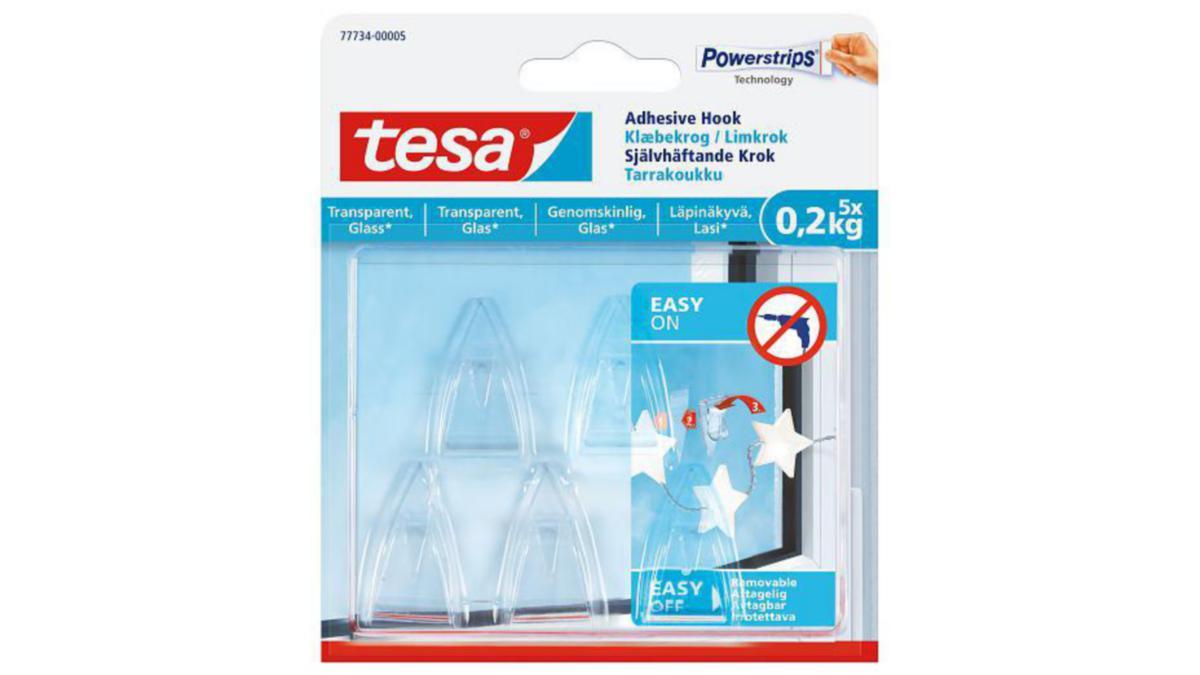 Självhäftande krok, glas/spegel, Tesa - SJÄLVHÄFTANDE KROK, TANSPARENT GLAS O GENOMSK YTOR 0,2KG TESA