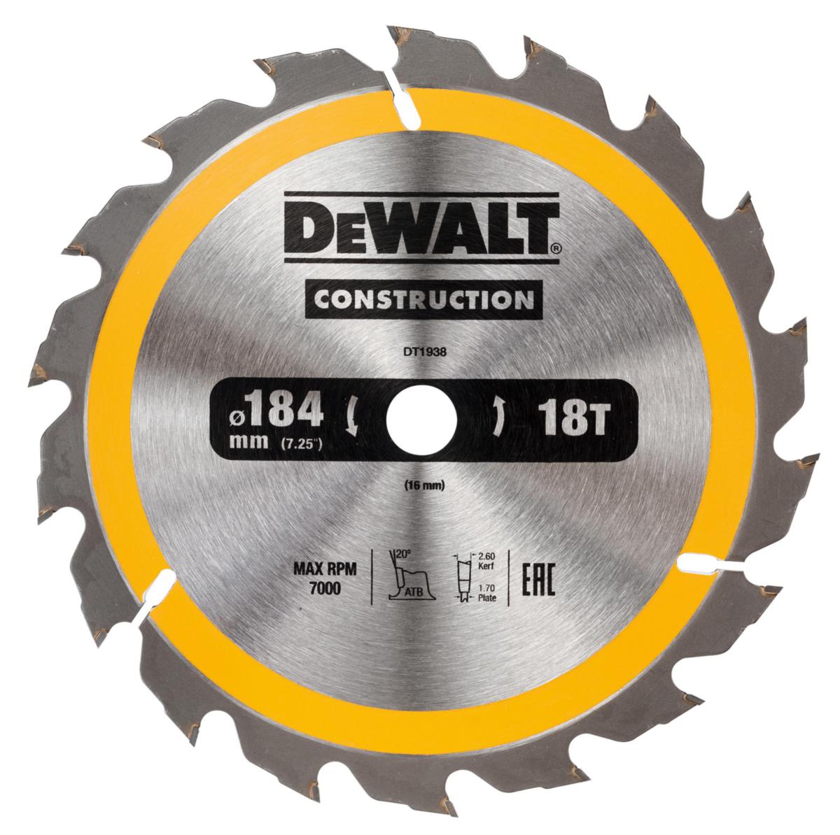 Cirkelsågklinga DEWALT Construction Stationär - CIRKELSÅGBLAD DEWALT DT1938-QZ 184X16MM 18T (AC)