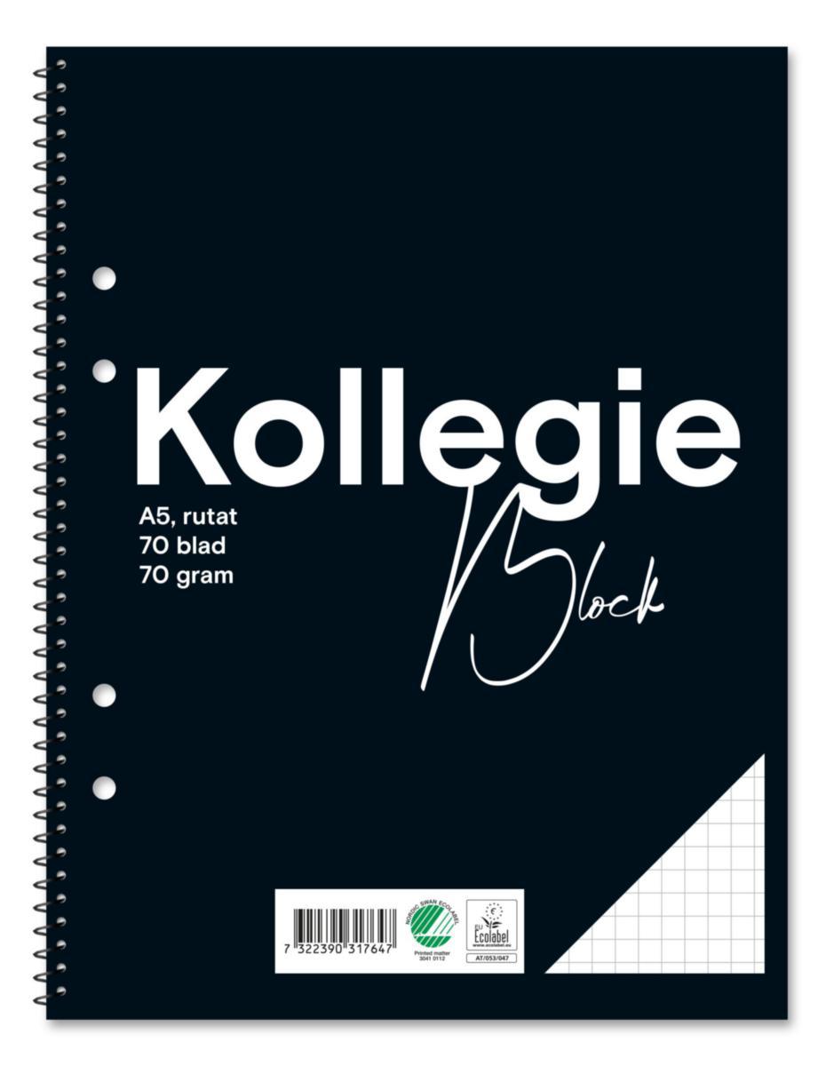 Kollegieblock A5 70g - KOLLEGIEBLOCK A5 70G RUTAT 70 BLAD HÅLAT