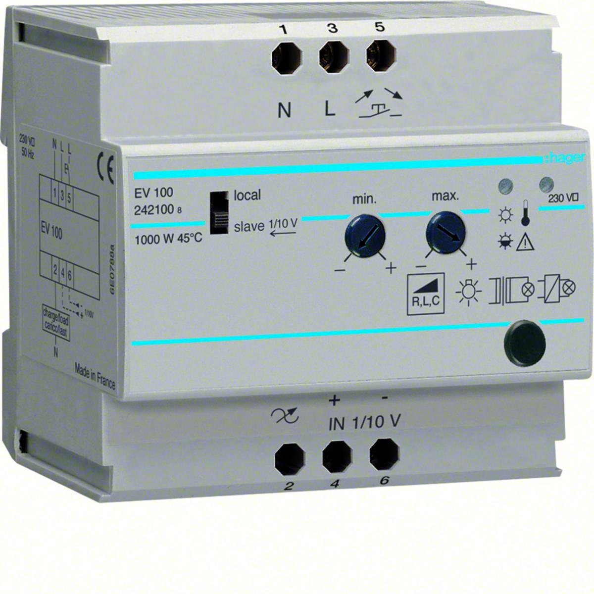 Tryckknappsdimmer för montage på DIN-skena 1000 W, Hager - DIMMER 1000W UNIVERSAL HAGER EV100