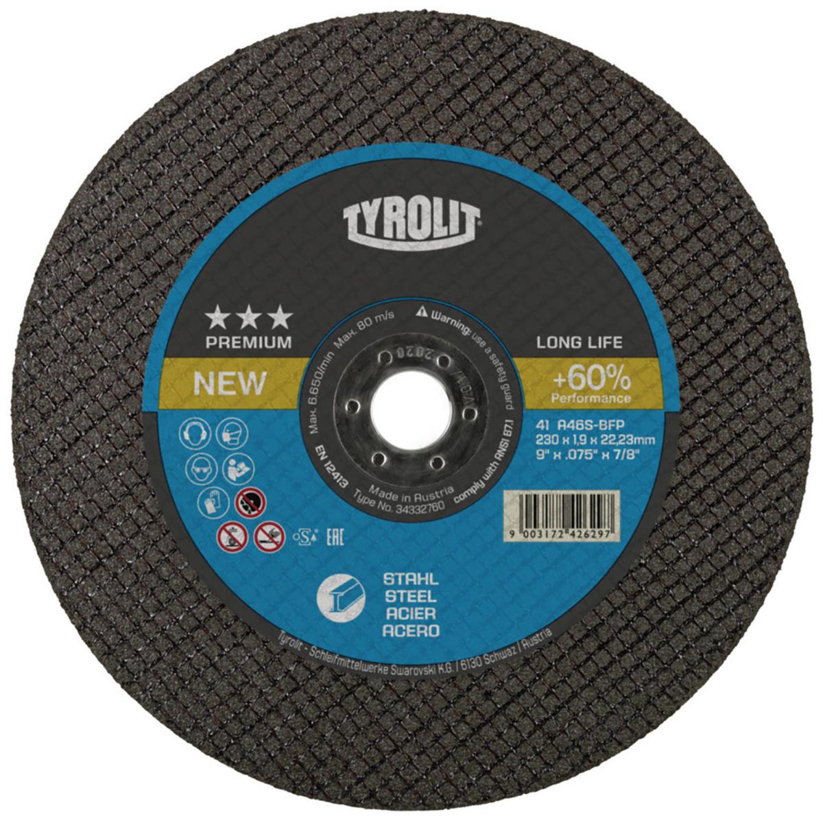 Kapskiva Tyrolit Premium Supertunn Longlife för stål - KAPSKIVA TYROLIT PREMIUM STÅL 230x2.0x22.23 A30S-BFP 41