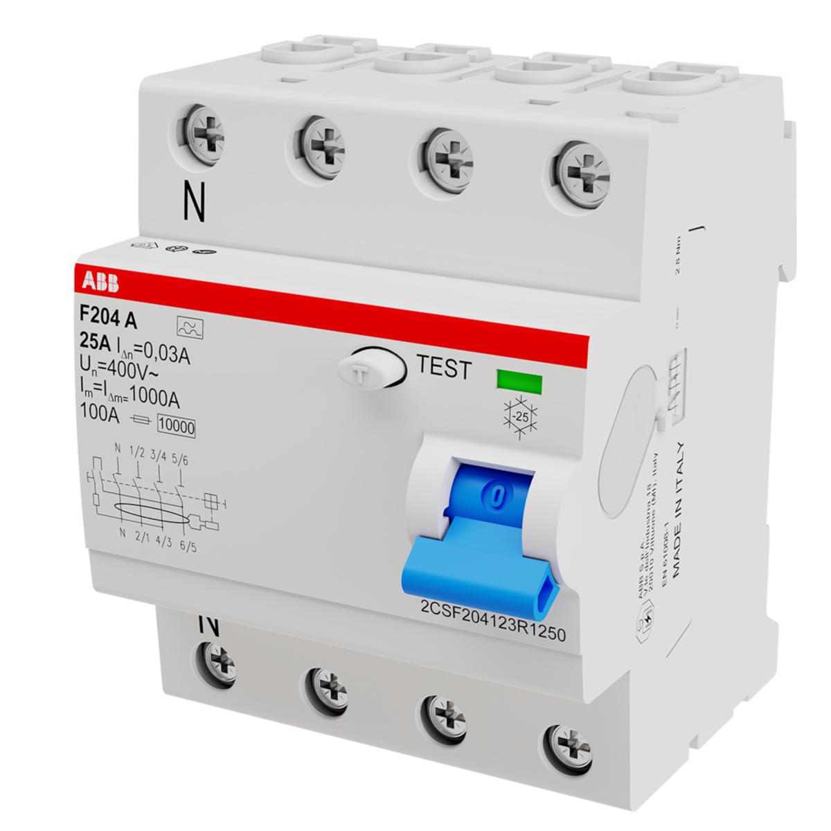 Jordfelsbrytare 4-polig typ A, pro M compact, vänster nolla. - JORDF.BR F204 A-25/0.03/N VÄ RCD-F204 A-25/0.03
