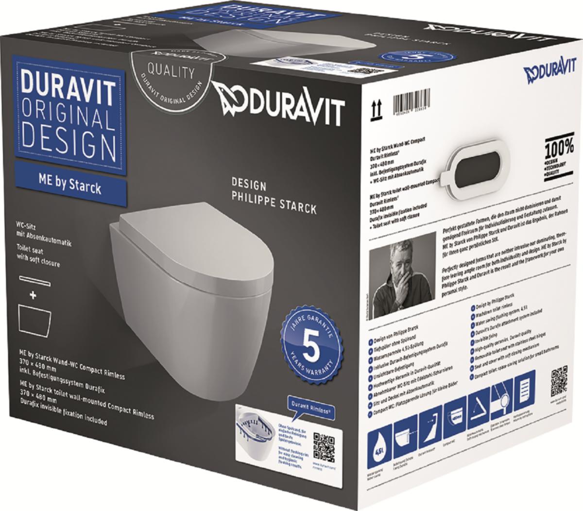 WC-skål ME BY Starck compact med SC-sits 2, Duravit - DURAVIT ME BY STARCK WC-SKÅL COMPACT.RIMLESS PKT M S-C SITS
