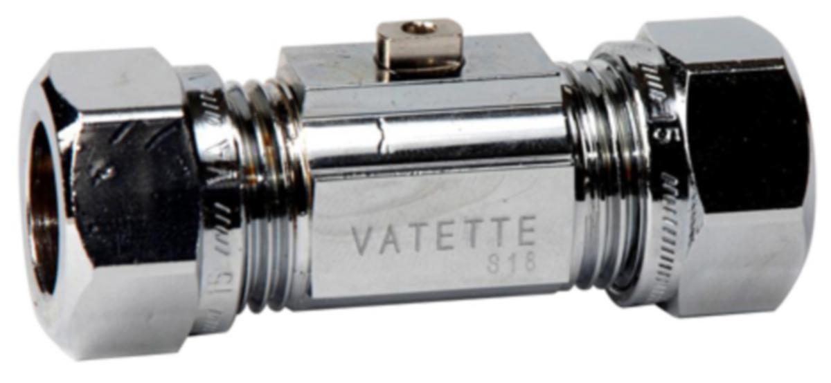 Kulventiler Vatette förkromade, med  mejselspår, 2 Cu-kopplingar - 15 KULVENTIL VATETTE  U VRED FKR RAK VA 1130 CU-CU